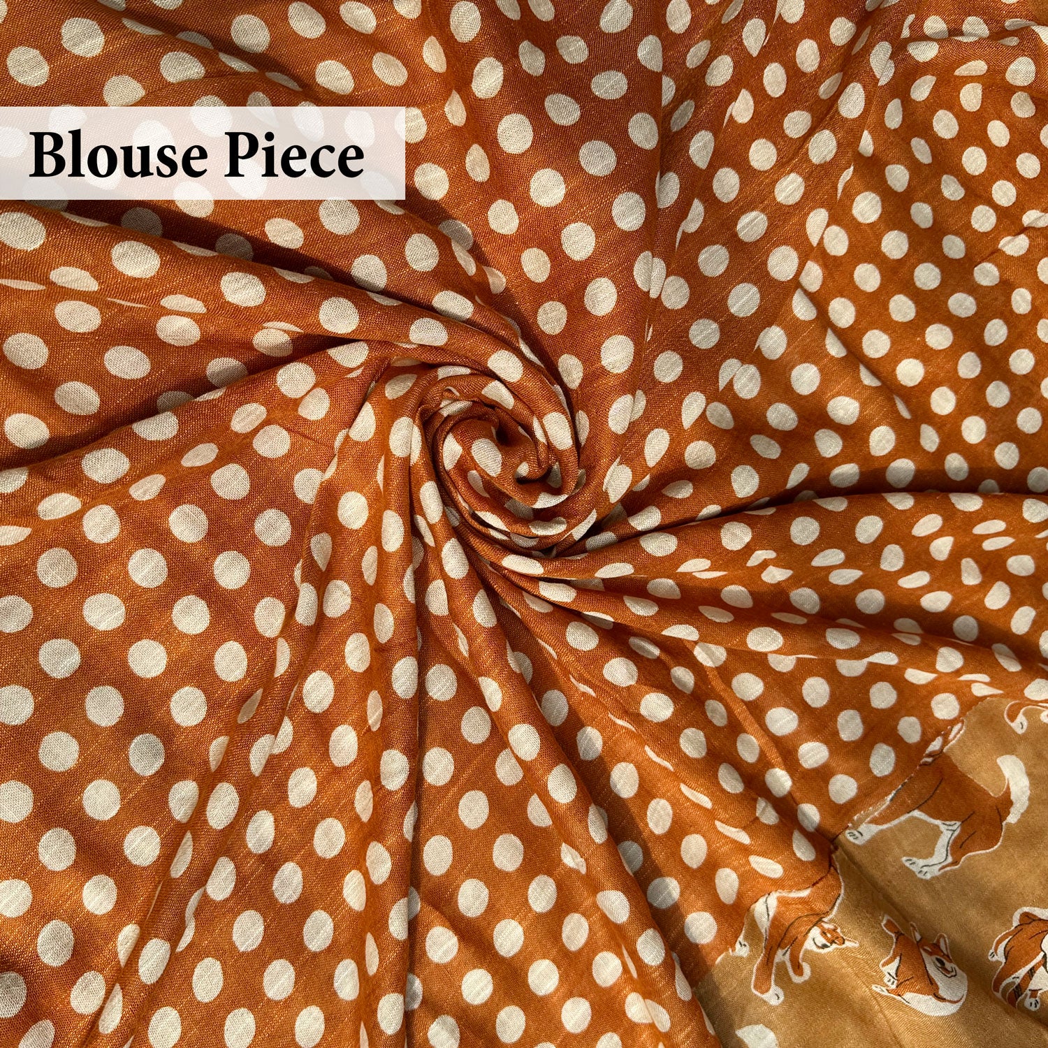 Very Doge camel cotton Shiba Inu dog print saree with polka blouse piece, Zoomies Collection Thread Weavers