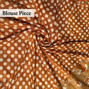 Very Doge camel cotton Shiba Inu dog print saree with polka blouse piece, Zoomies Collection Thread Weavers