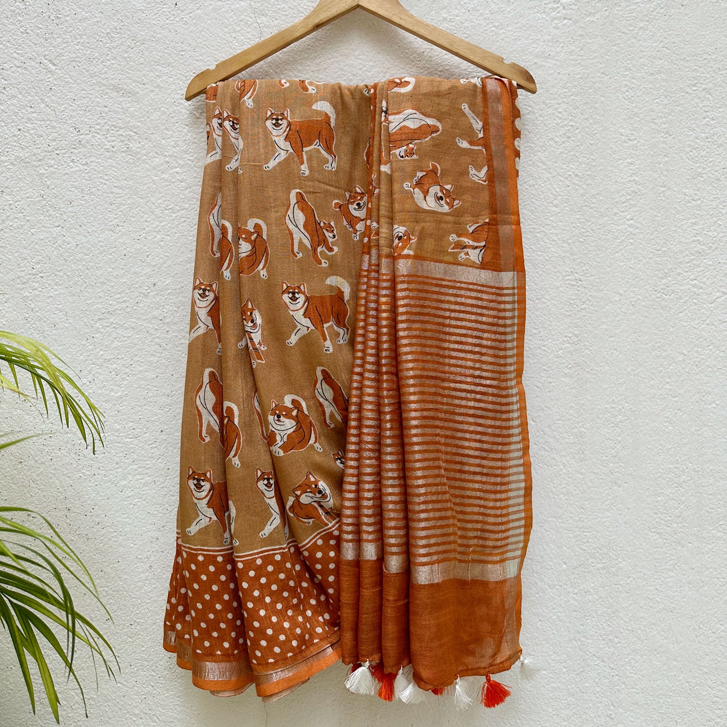 Very Doge camel cotton Shiba Inu dog print saree with polka dot border and burnt orange zari pallu, Zoomies Collection Thread Weavers