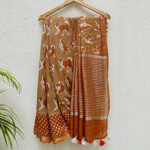 Very Doge camel cotton Shiba Inu dog print saree with polka dot border and burnt orange zari pallu, Zoomies Collection Thread Weavers