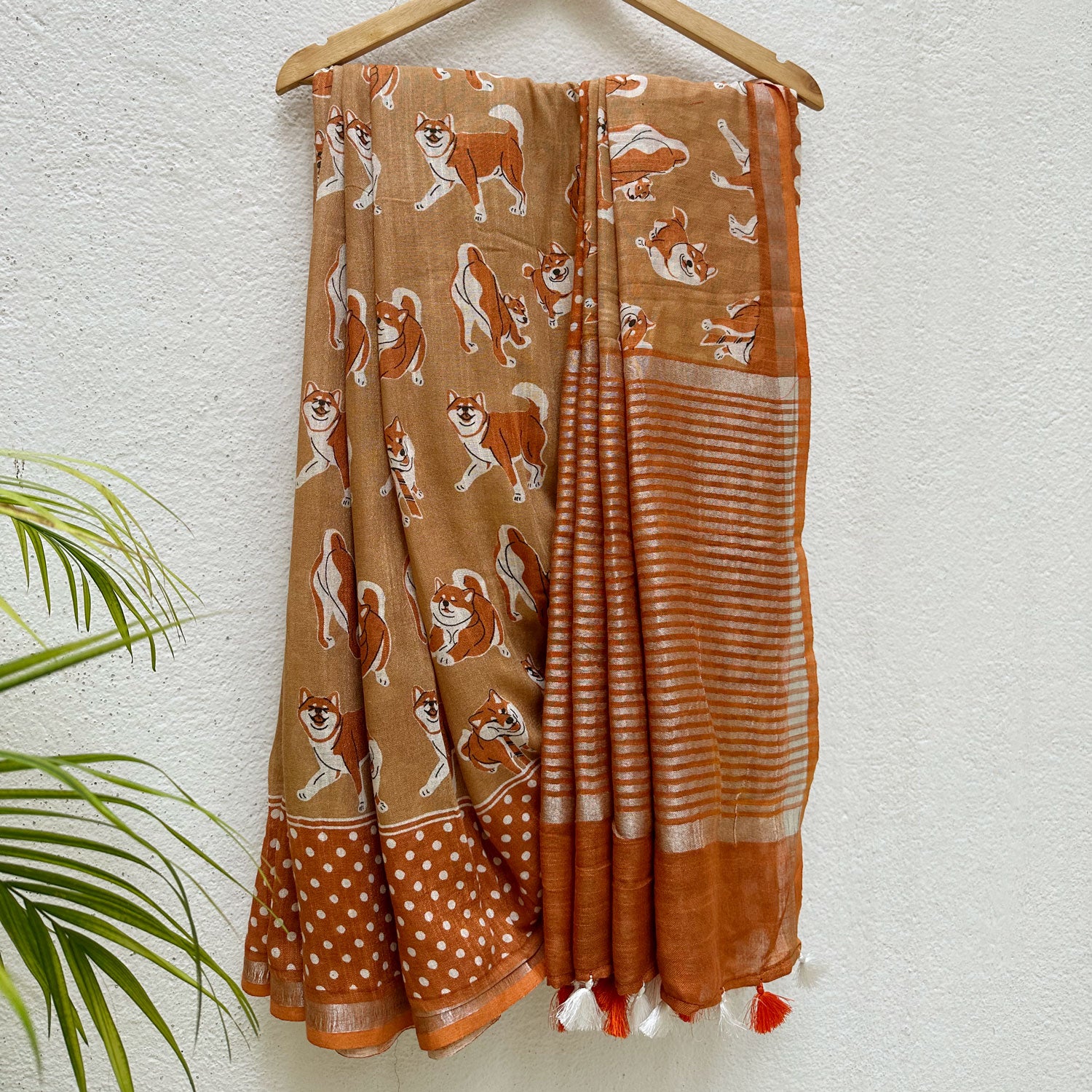 Very Doge camel cotton Shiba Inu dog print saree with polka dot border and burnt orange zari pallu, Zoomies Collection Thread Weavers