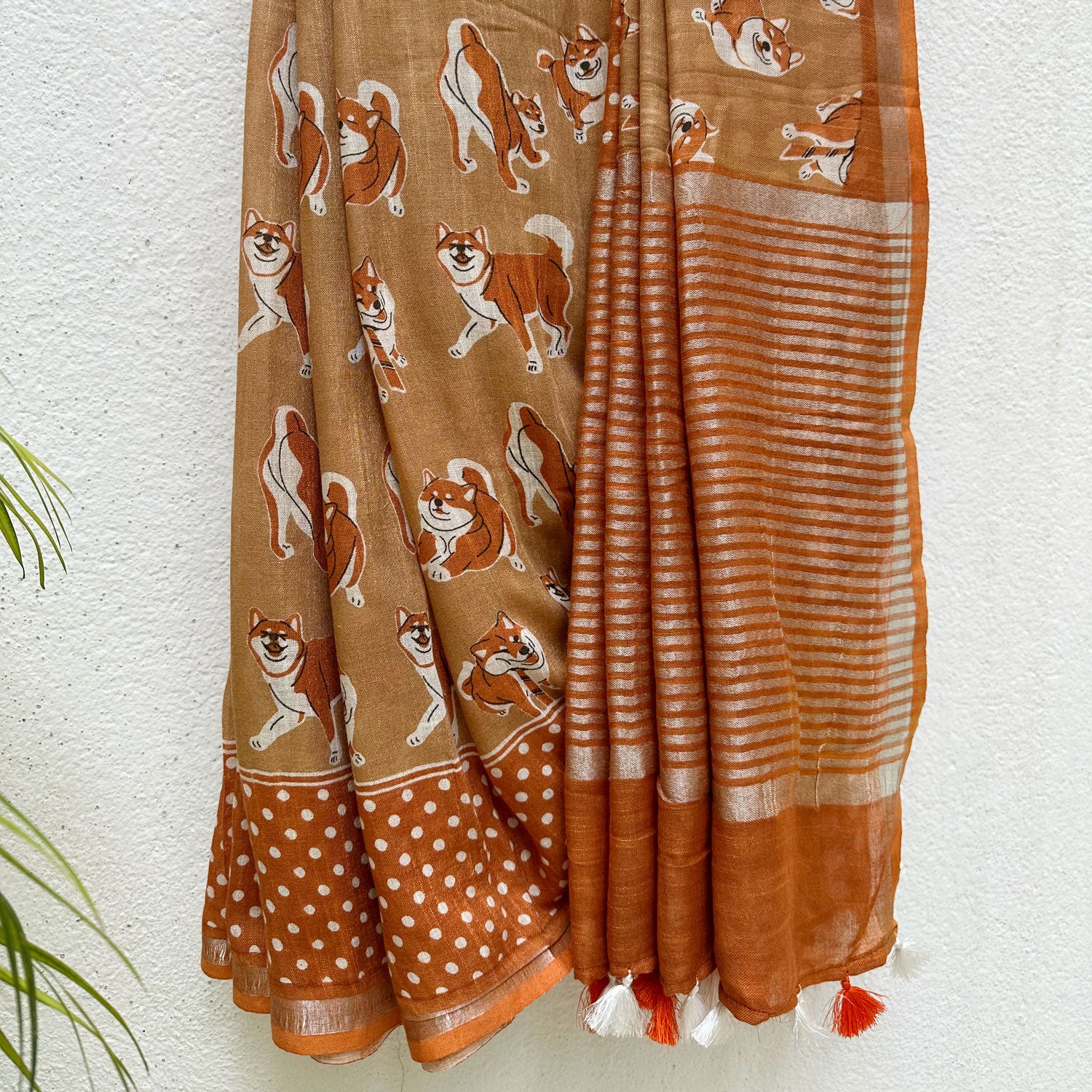 Very Doge camel cotton Shiba Inu dog print saree with polka dot border and burnt orange zari pallu, Zoomies Collection Thread Weavers