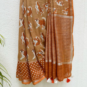 Very Doge camel cotton Shiba Inu dog print saree with polka dot border and burnt orange zari pallu, Zoomies Collection Thread Weavers