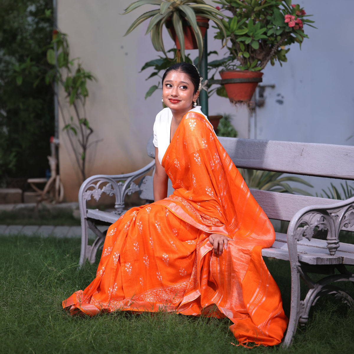 Vibrant Orange Organic Linen Saree
