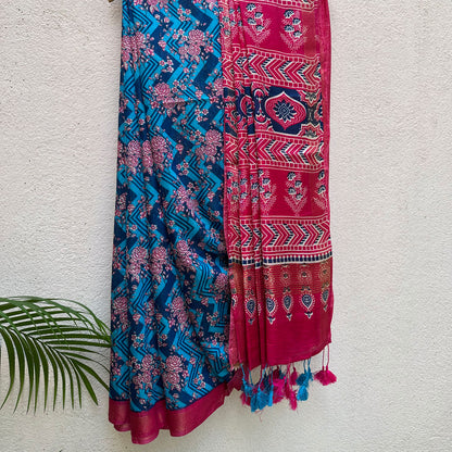Victoria Blue Cotton Viscose Silk Saree