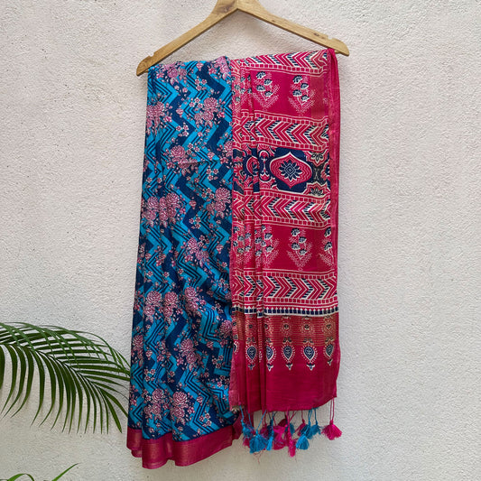 Victoria Blue Cotton Viscose Silk Saree
