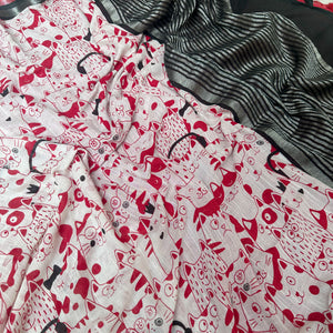 Whisker Theory ivory cotton saree closeup with red illustrated cat crowd folk print and black zari pallu, Zoomies Collection Thread Weavers