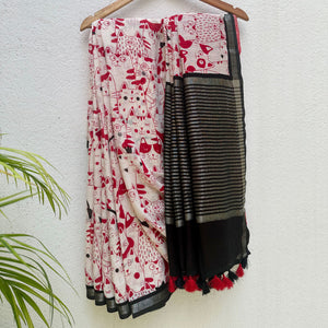 Whisker Theory ivory cotton saree with red illustrated cat crowd folk print and black zari pallu, Zoomies Collection Thread Weavers