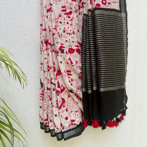Whisker Theory ivory cotton saree with red illustrated cat crowd folk print and black zari pallu, Zoomies Collection Thread Weavers