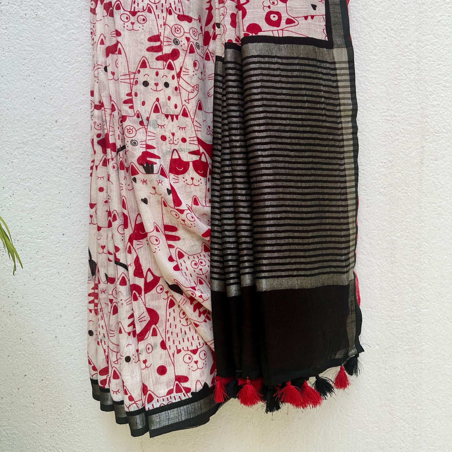 Whisker Theory ivory cotton saree with red illustrated cat crowd folk print and black zari pallu, Zoomies Collection Thread Weavers