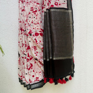 Whisker Theory ivory cotton saree with red illustrated cat crowd folk print and black zari pallu, Zoomies Collection Thread Weavers