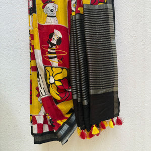 Who Let The Dogs Dress Up yellow red patchwork dog print saree with illustrated dog panels and black zari pallu, Zoomies Collection TTW