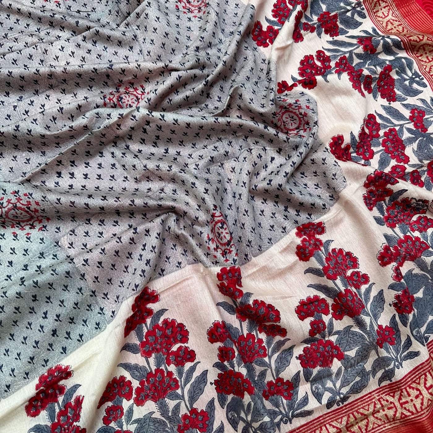 Wind Chime Handblock Cotton Viscose Silk Saree