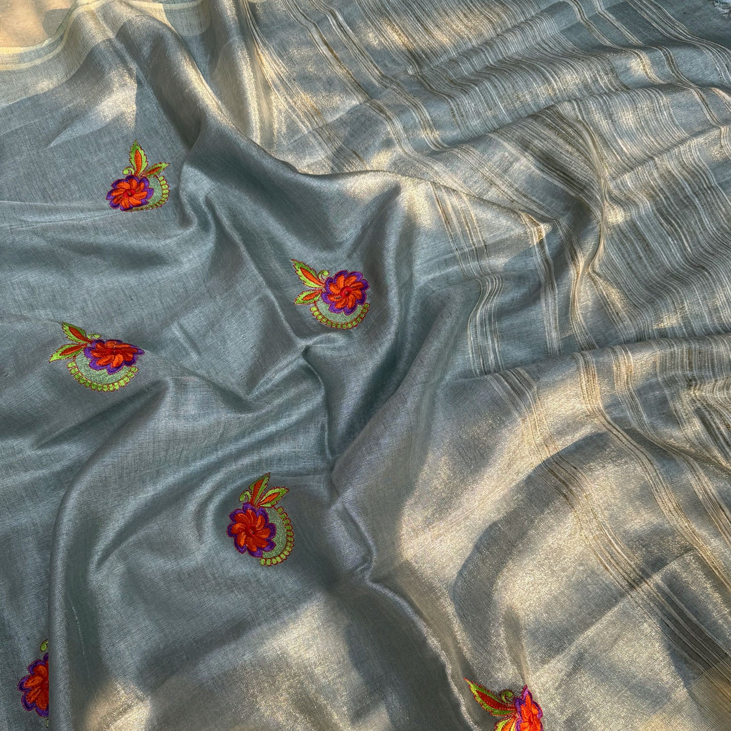 Winter Twig Embroidered Zari Linen Saree