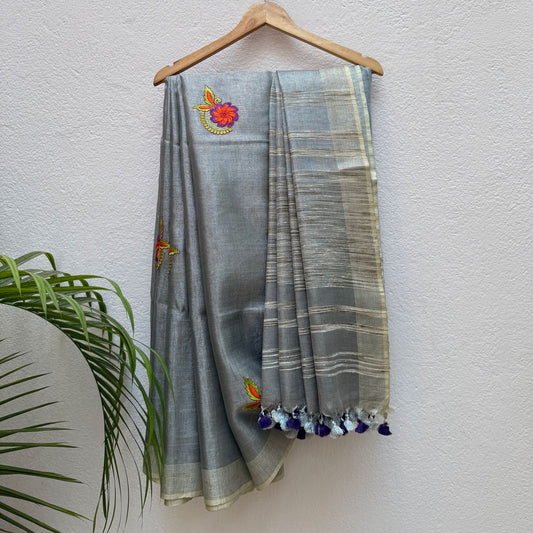 Winter Twig Embroidered Zari Linen Saree