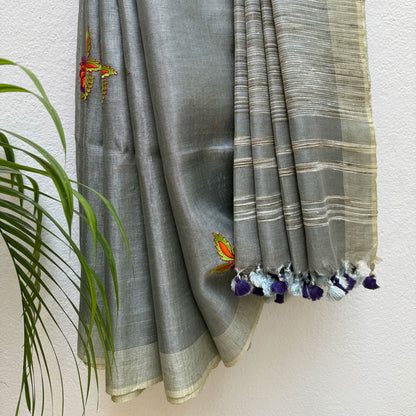 Winter Twig Embroidered Zari Linen Saree
