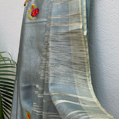 Winter Twig Embroidered Zari Linen Saree