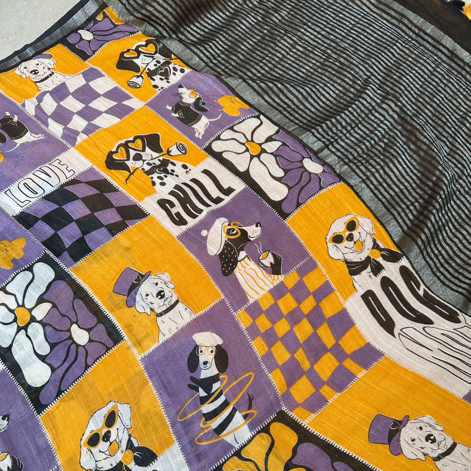 Woof There It Is purple mustard patchwork dog print cotton saree closeup with Dog Mom typography and black zari pallu, Zoomies Collection Thread Weavers