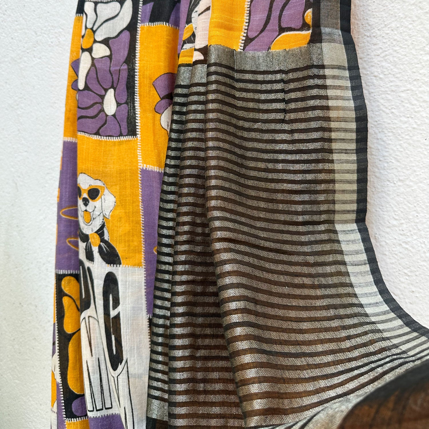 Woof There It Is purple mustard patchwork dog print cotton saree with Dog Mom typography and black zari pallu, Zoomies Collection Thread Weavers