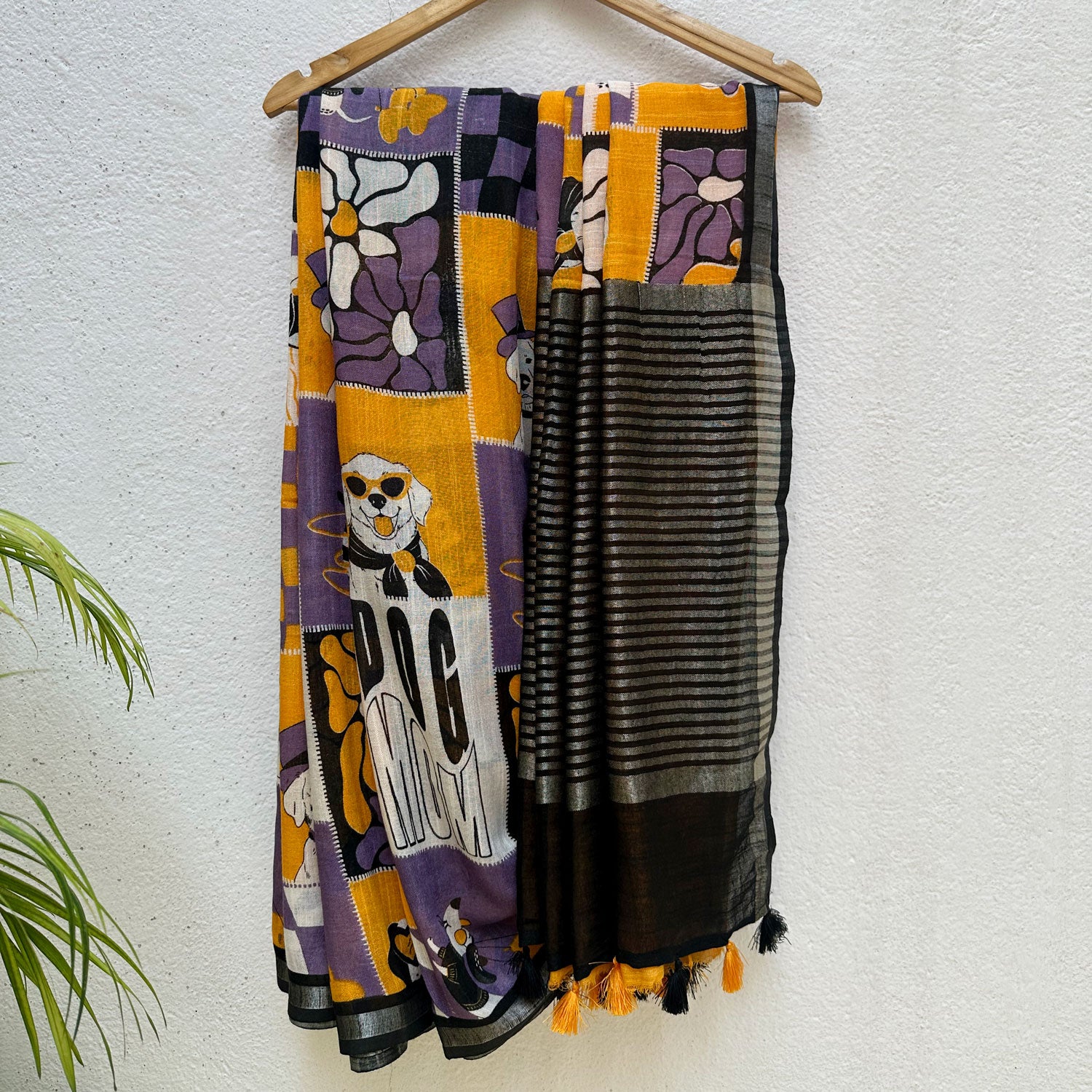 Woof There It Is purple mustard patchwork dog print cotton saree with Dog Mom typography and black zari pallu, Zoomies Collection Thread Weavers