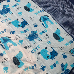 Woof & Wonder ivory cotton saree closeup  with blue illustrated dog and WOOF typography print and navy zari pallu, Zoomies Collection TTW