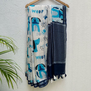 Woof & Wonder ivory cotton saree with blue illustrated dog and WOOF typography print and navy zari pallu, Zoomies Collection TTW