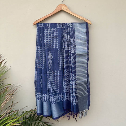 Warli folk art hand block print indigo cotton silk saree full view – Yati by The Thread Weavers