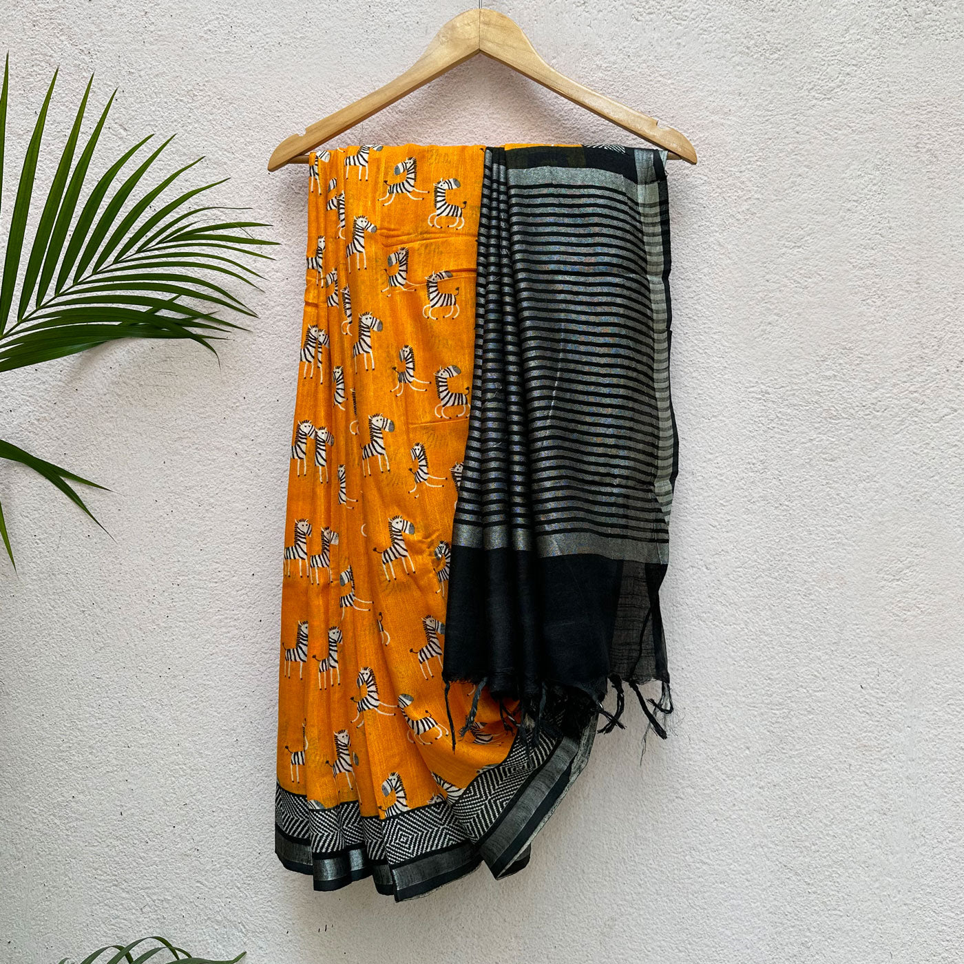 Zebra Cadabra orange printed cotton saree with zebra motifs and grey border, by The Thread Weavers