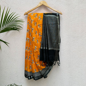 Zebra Cadabra orange printed cotton saree with zebra motifs and grey border, by The Thread Weavers