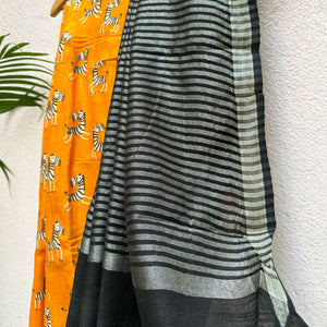 Zebra Cadabra orange printed cotton saree pallu with zebra motifs and grey border, by The Thread Weavers