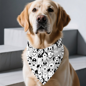 Black and white dog print cotton bandana tied around a Golden Retriever's neck, by The Thread Weavers