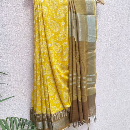 Blazing Yellow Organic Linen Saree