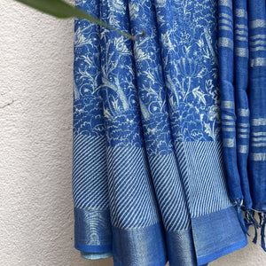 Azure Blue Organic Linen Printed Saree