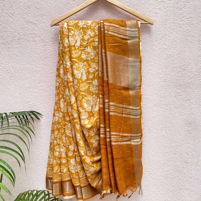 Citrus Poppies Organic Linen Saree