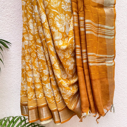 Citrus Poppies Organic Linen Saree