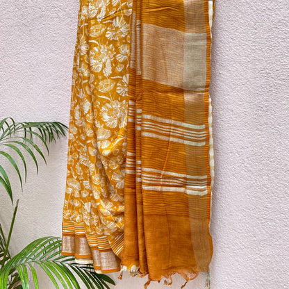 Citrus Poppies Organic Linen Saree