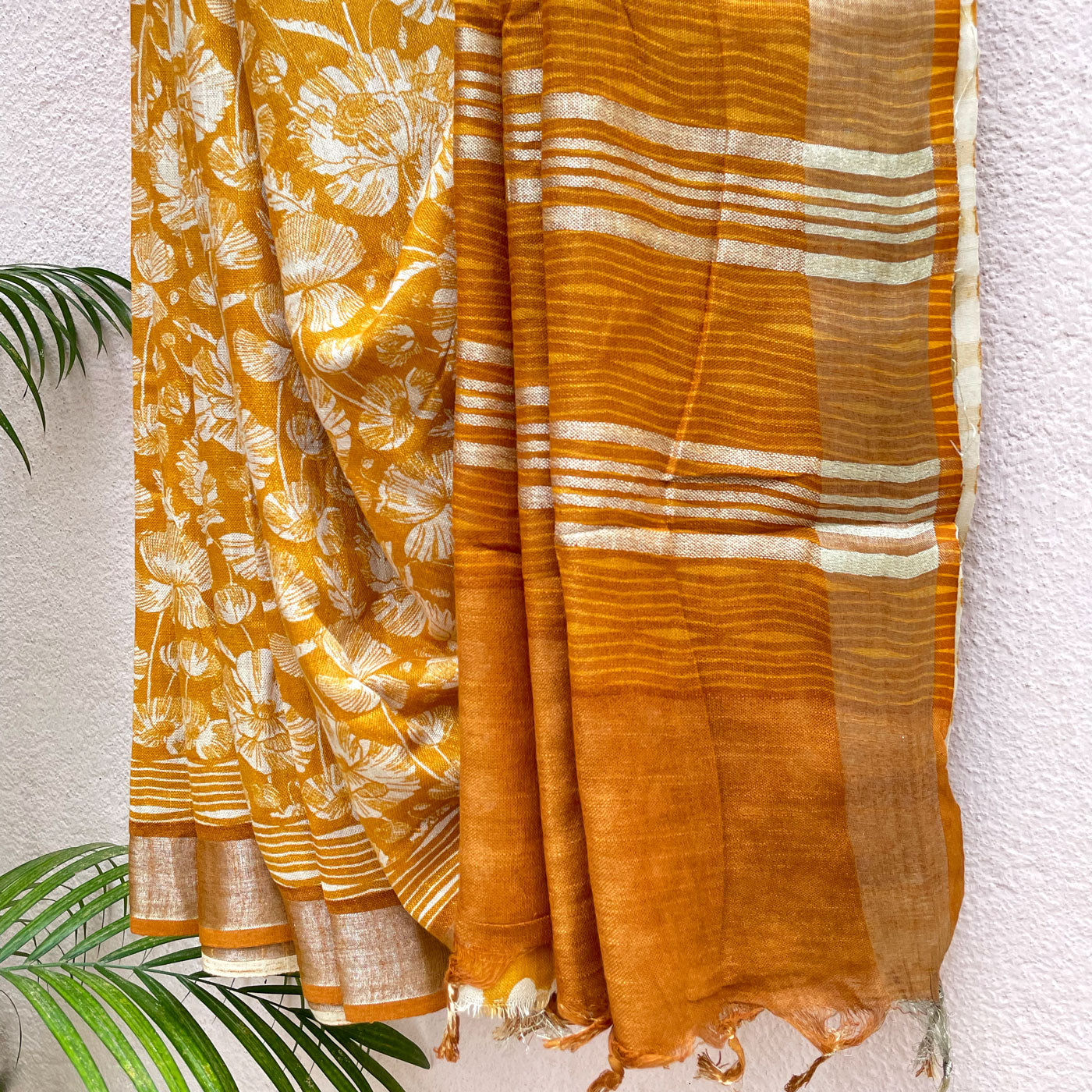 Citrus Poppies Organic Linen Saree