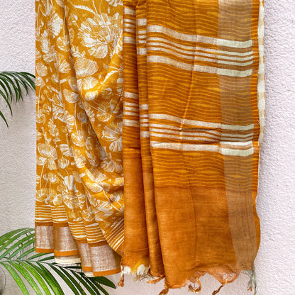 Citrus Poppies Organic Linen Saree