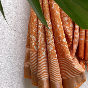 Orange Linen Printed Saree