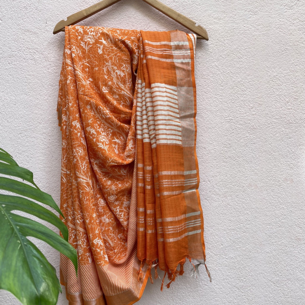 Orange Linen Printed Saree
