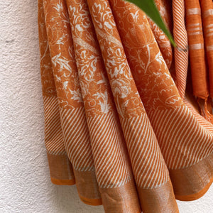 Orange floral Linen Printed Saree