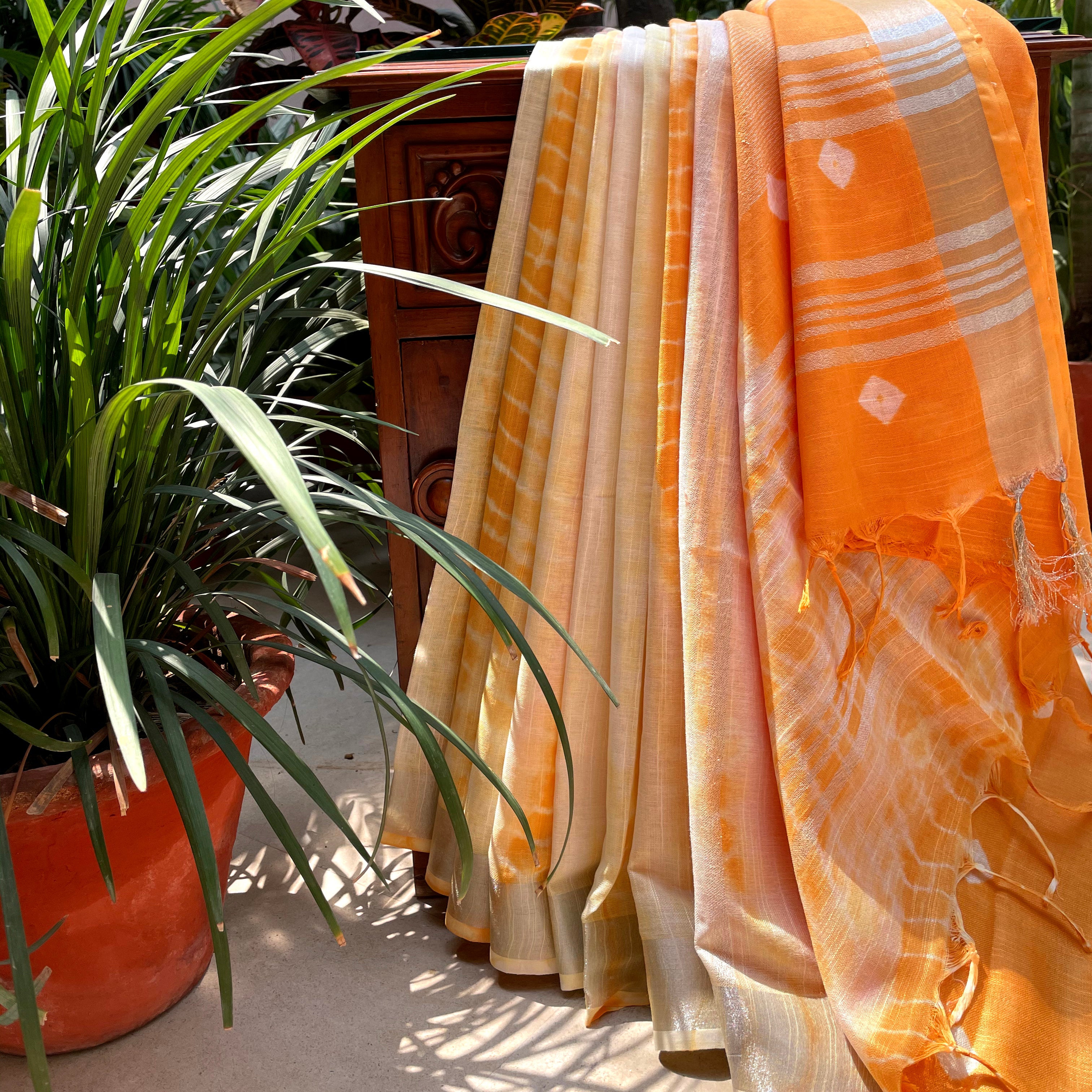 Mandarin Shibori Cotton Linen Saree