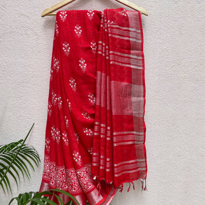 Hibiscus Red Organic Linen Saree