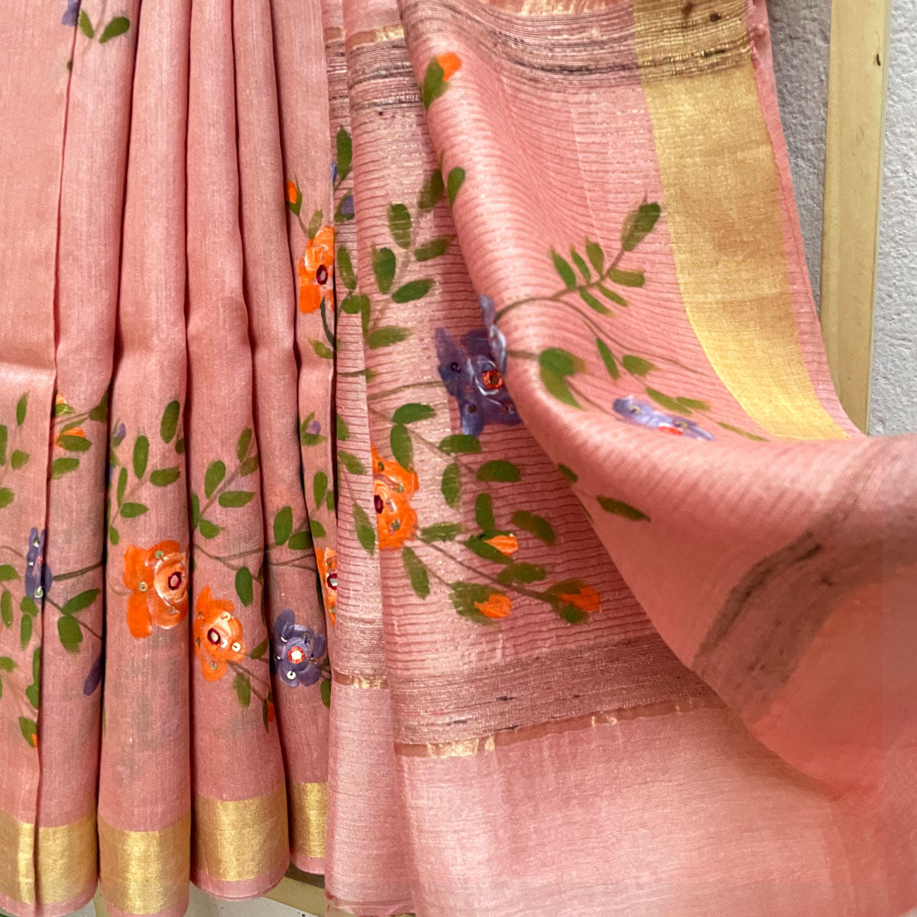 Hand Painted and embroidered Silk Saree