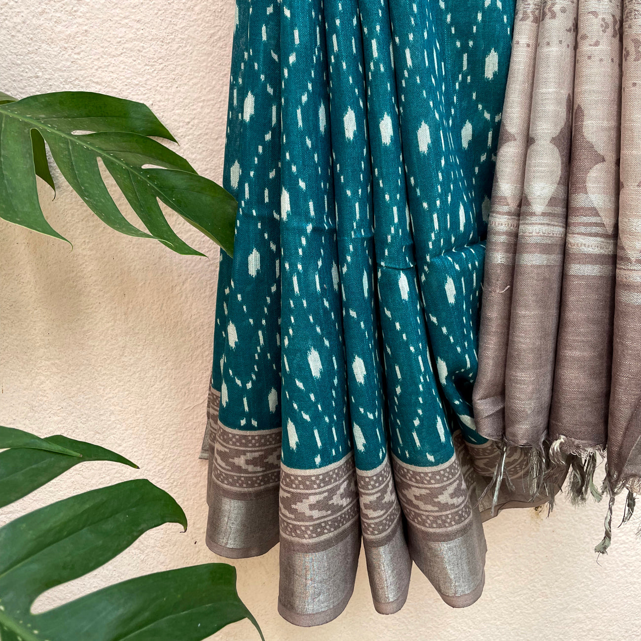 Teal Blue Argyle Organic Linen Saree