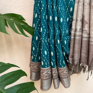 Teal Blue Argyle Organic Linen Saree
