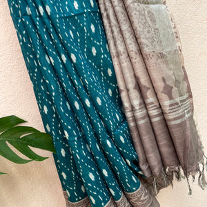 Teal Blue Argyle Organic Linen Saree