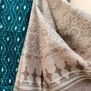 Teal Blue Argyle Organic Linen Saree