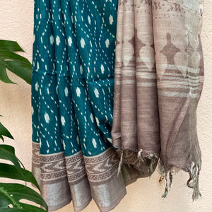 Teal Blue Argyle Organic Linen Saree