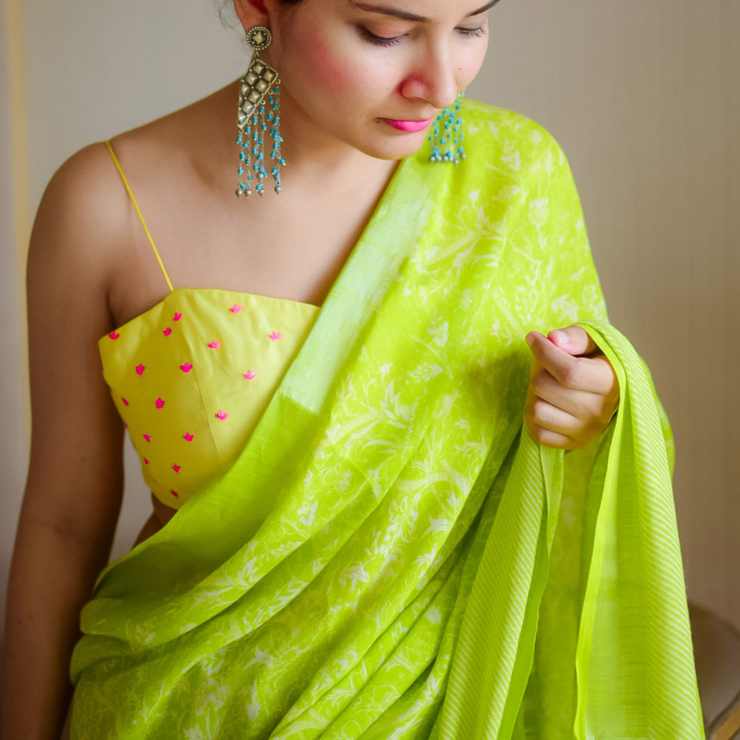 Lime Green Organic Linen Saree